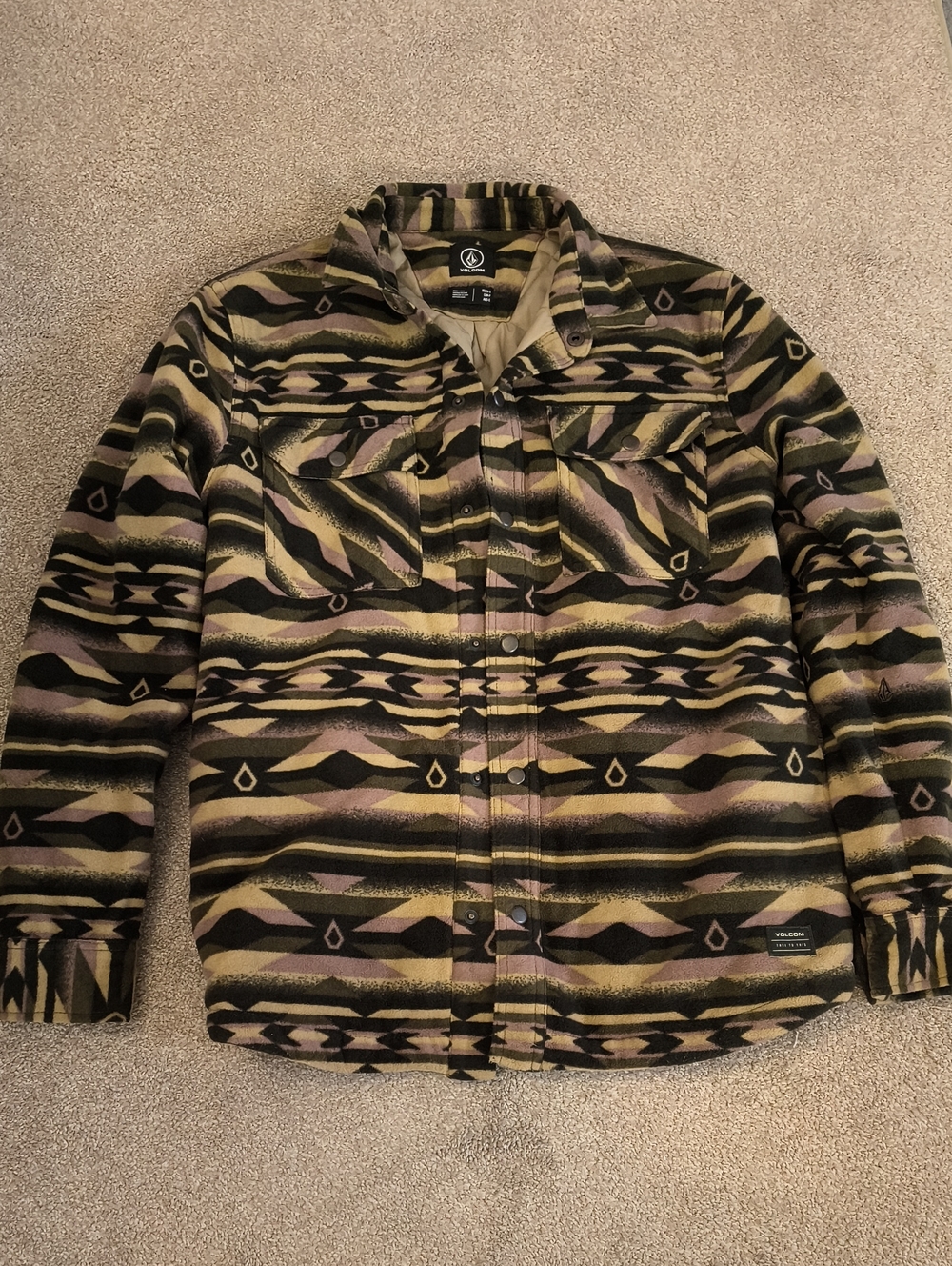 Men's Volcom Olive,Tan Aztec Southwestern Patterned Quilted Shacket (S)